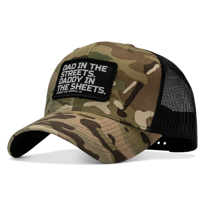 Load image into Gallery viewer, Dad In The Streets. Daddy In The Sheets. Black Patch Snapback Hat
