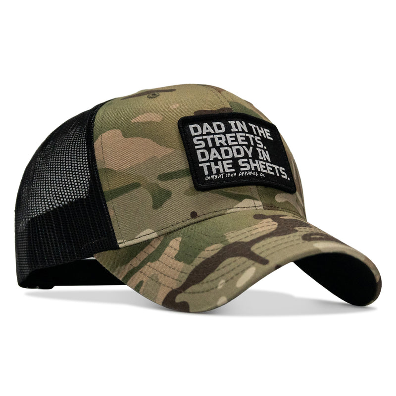 Load image into Gallery viewer, Dad In The Streets. Daddy In The Sheets. Black Patch Snapback Hat
