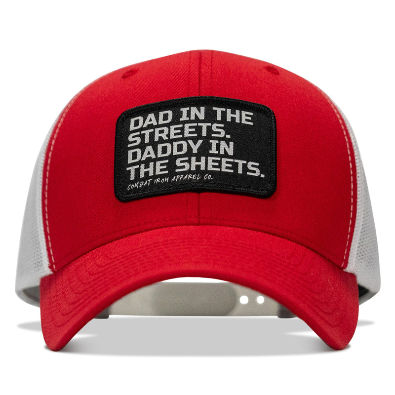 Load image into Gallery viewer, Dad In The Streets. Daddy In The Sheets. Black Patch Snapback Hat
