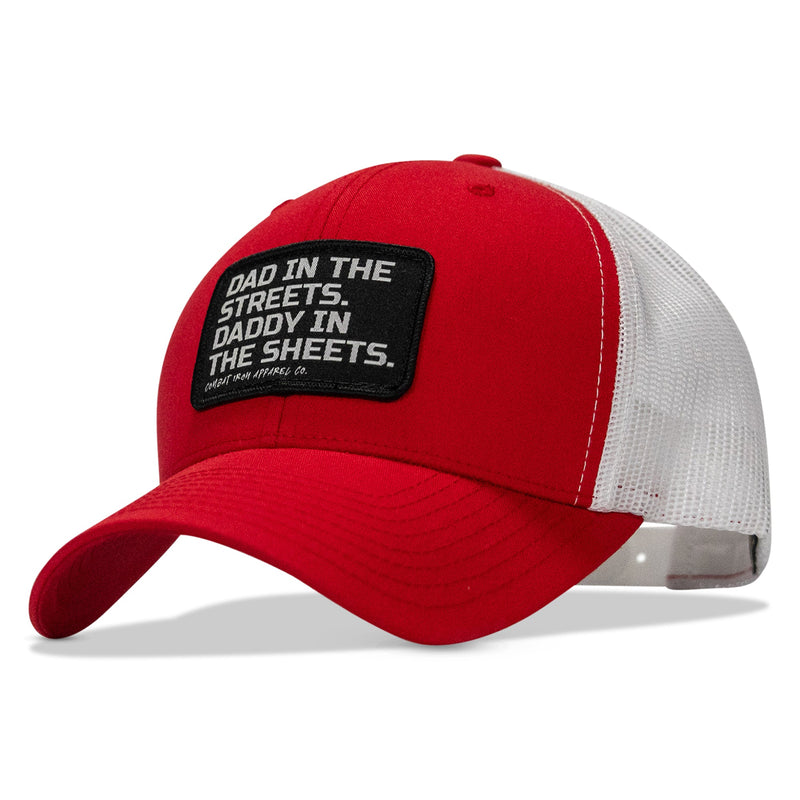 Load image into Gallery viewer, Dad In The Streets. Daddy In The Sheets. Black Patch Snapback Hat
