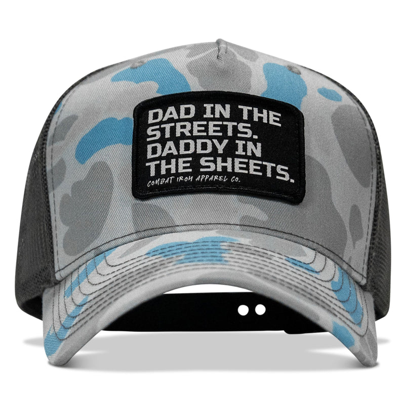 Load image into Gallery viewer, Dad In The Streets. Daddy In The Sheets. Black Patch Snapback Hat
