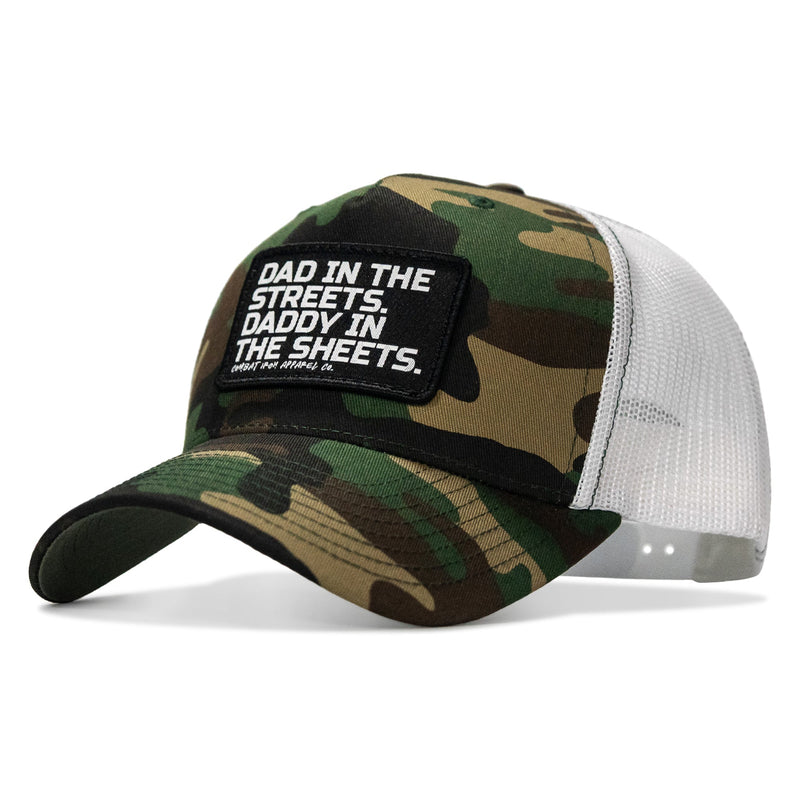 Load image into Gallery viewer, Dad In The Streets. Daddy In The Sheets. Black Patch Snapback Hat
