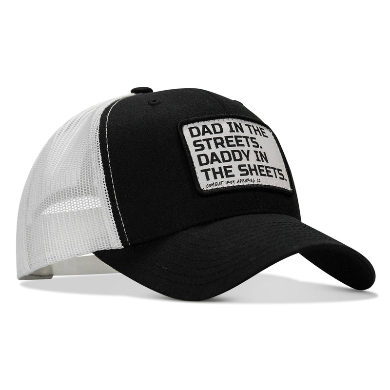 Load image into Gallery viewer, Dad In The Streets. Daddy In The Sheets. White Patch Snapback Hat
