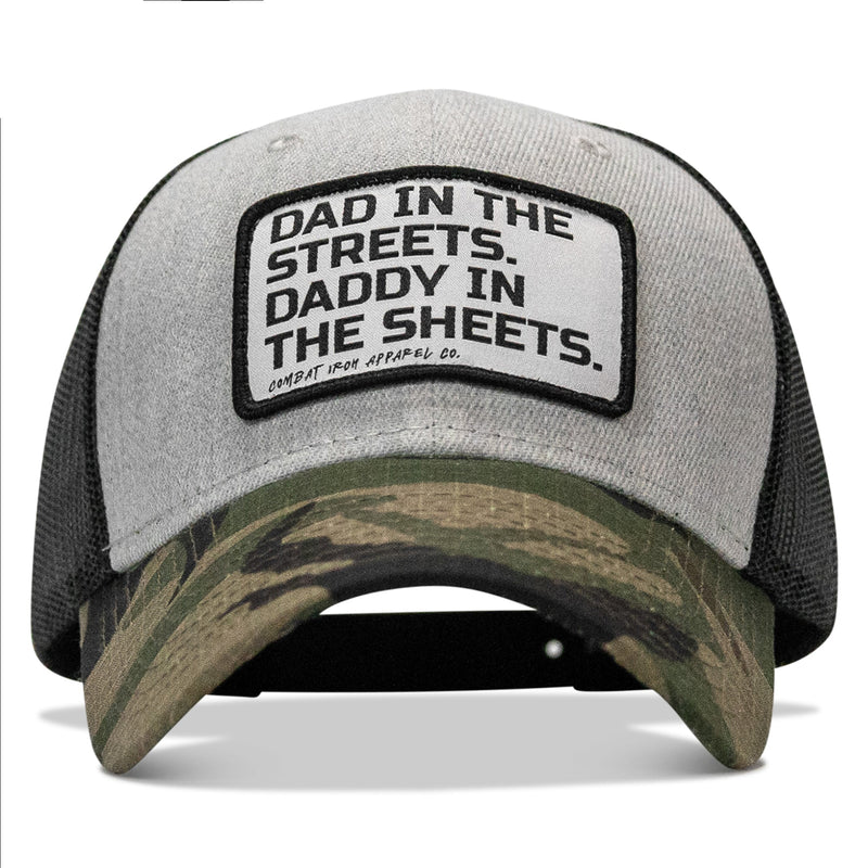 Load image into Gallery viewer, Dad In The Streets. Daddy In The Sheets. White Patch Snapback Hat
