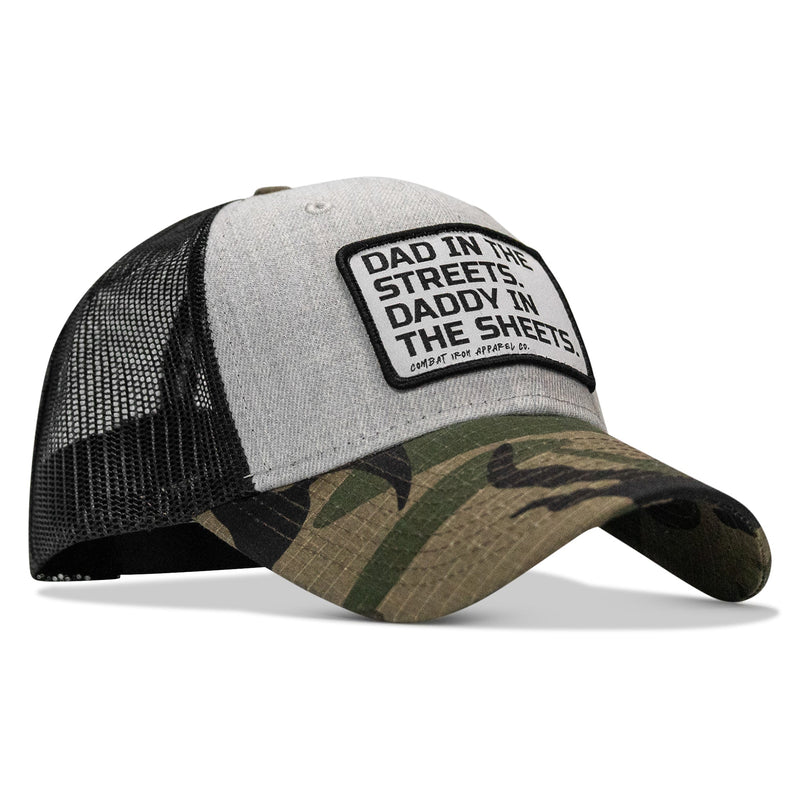 Load image into Gallery viewer, Dad In The Streets. Daddy In The Sheets. White Patch Snapback Hat

