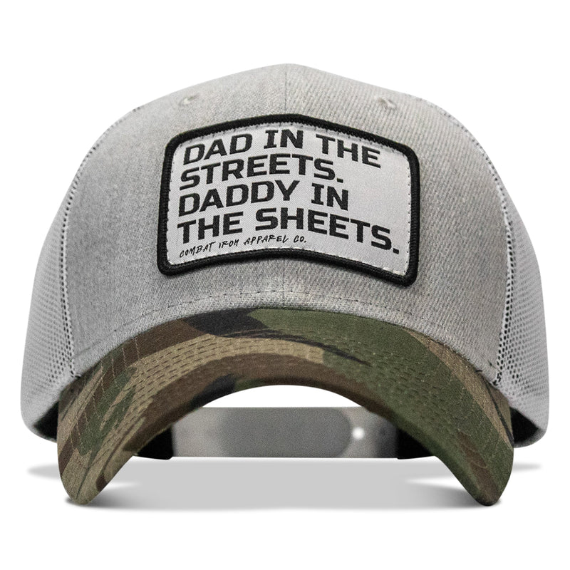 Load image into Gallery viewer, Dad In The Streets. Daddy In The Sheets. White Patch Snapback Hat
