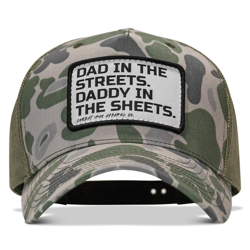 Load image into Gallery viewer, Dad In The Streets. Daddy In The Sheets. White Patch Snapback Hat
