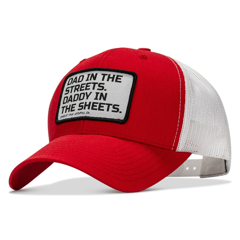 Load image into Gallery viewer, Dad In The Streets. Daddy In The Sheets. White Patch Snapback Hat
