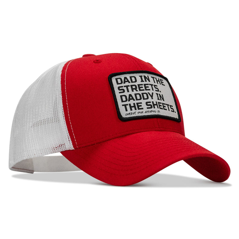 Load image into Gallery viewer, Dad In The Streets. Daddy In The Sheets. White Patch Snapback Hat
