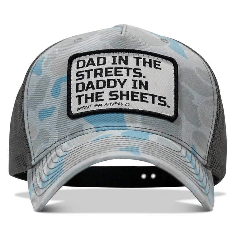 Load image into Gallery viewer, Dad In The Streets. Daddy In The Sheets. White Patch Snapback Hat
