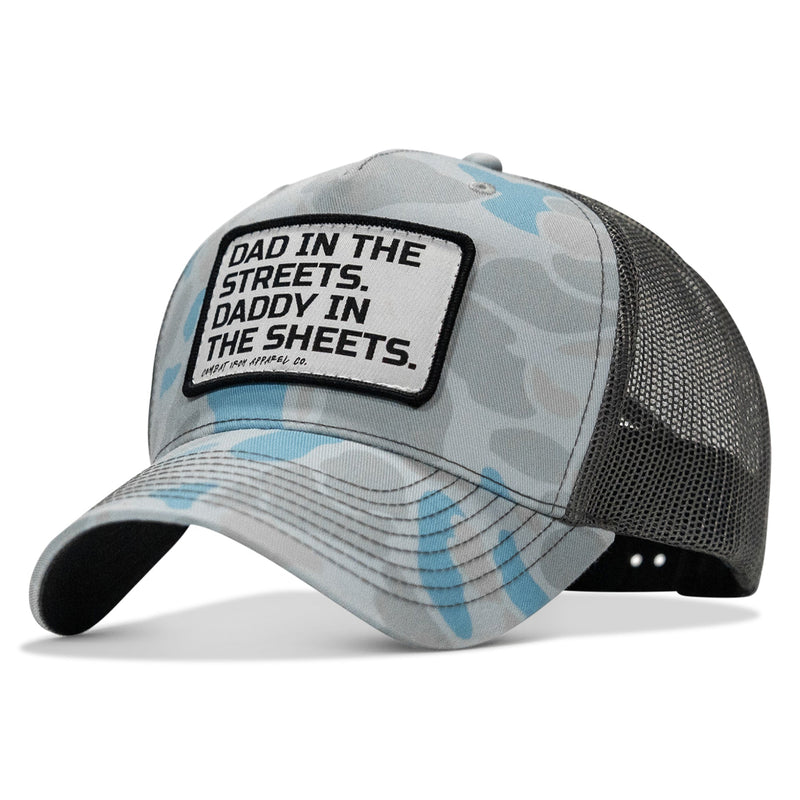 Load image into Gallery viewer, Dad In The Streets. Daddy In The Sheets. White Patch Snapback Hat
