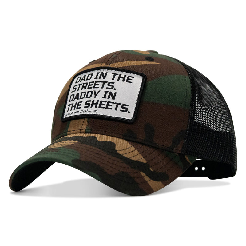 Load image into Gallery viewer, Dad In The Streets. Daddy In The Sheets. White Patch Snapback Hat
