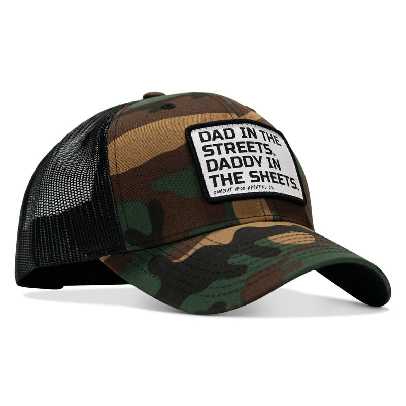 Load image into Gallery viewer, Dad In The Streets. Daddy In The Sheets. White Patch Snapback Hat
