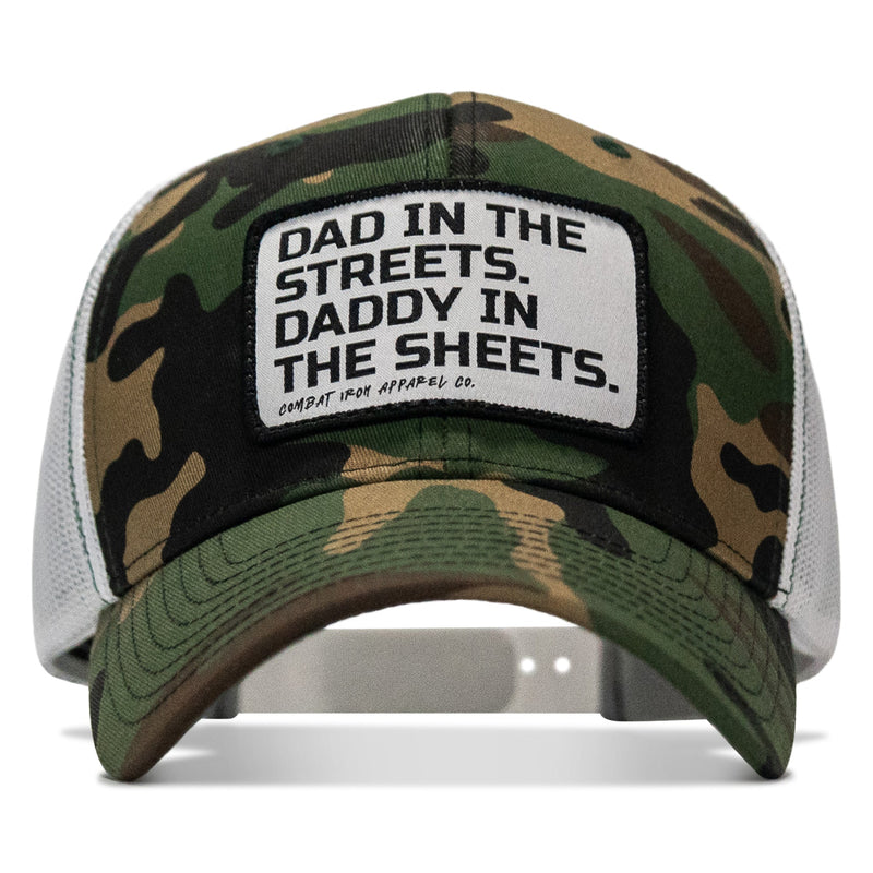 Load image into Gallery viewer, Dad In The Streets. Daddy In The Sheets. White Patch Snapback Hat
