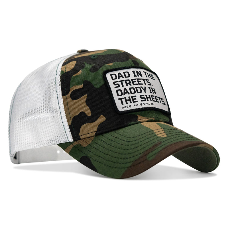 Load image into Gallery viewer, Dad In The Streets. Daddy In The Sheets. White Patch Snapback Hat

