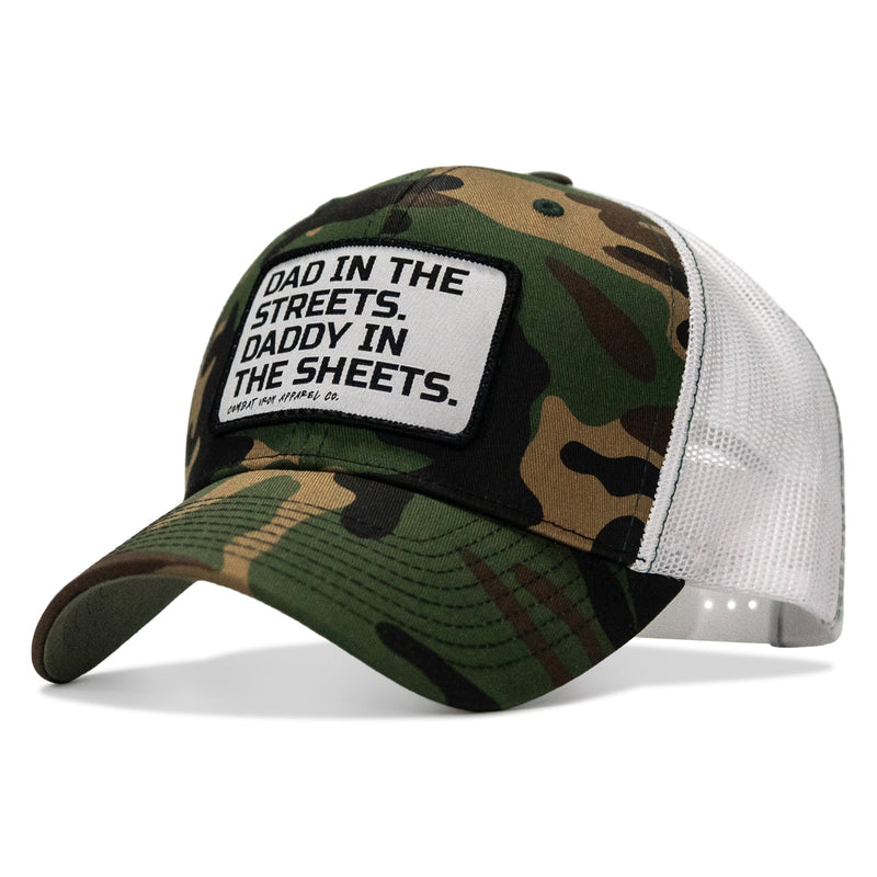 Load image into Gallery viewer, Dad In The Streets. Daddy In The Sheets. White Patch Snapback Hat
