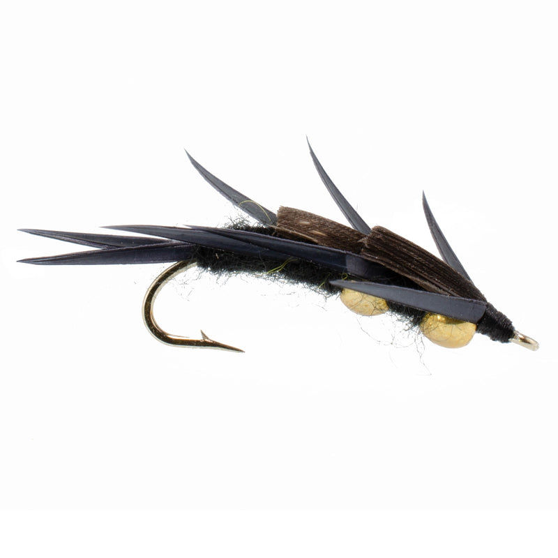 Load image into Gallery viewer, Double Bead Black Stone Fly with Black Biot Legs - Stonefly Wet Fly - 6 Flies Hook Size 6
