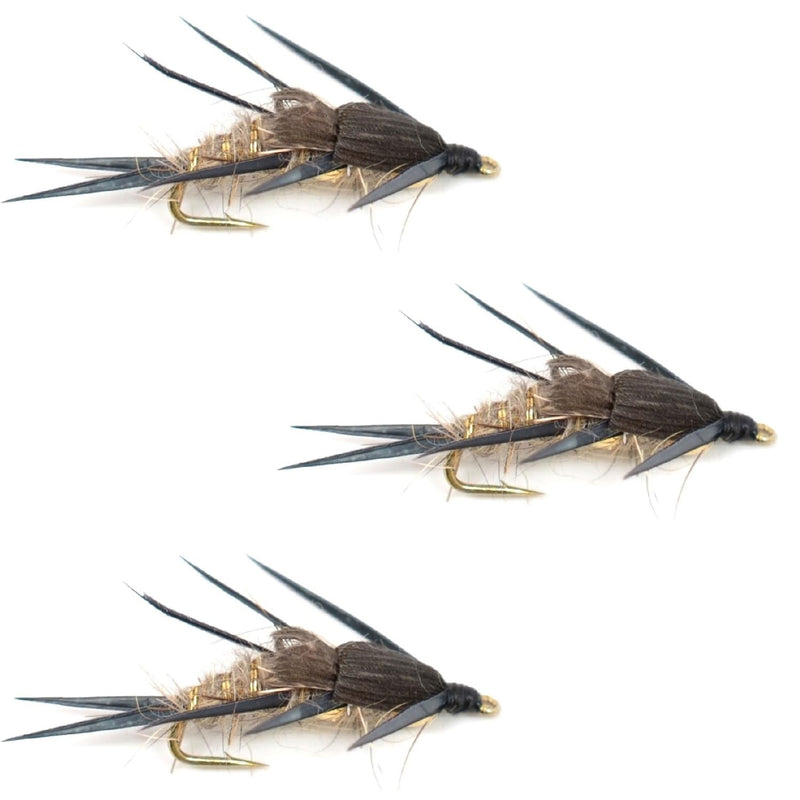 Load image into Gallery viewer, 3 Pack Double Bead Black Biot Legs Gold Ribbed Hare&#39;s Ear Nymph Fly Fishing Flies Hook Size 14
