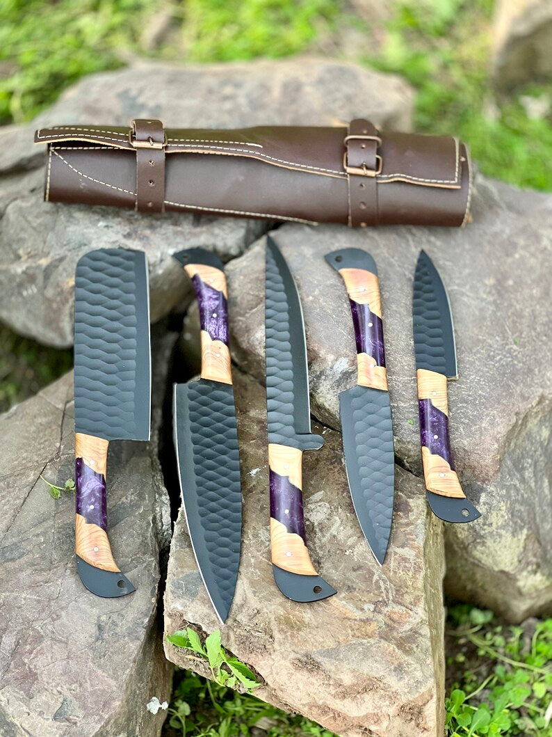 Load image into Gallery viewer, Best Knife Block Set – 13&quot; Forged Stainless Steel Chef Knife with Olivewood &amp; Epoxy Resin Handle + Leather Sheath
