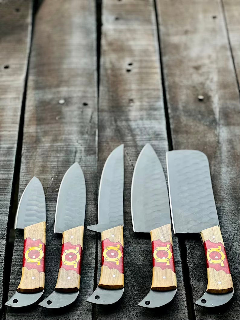 Load image into Gallery viewer, Stainless Steel Knife Set 13" – Forged Blades with Olivewood &amp; Epoxy Handles + Leather Sheath

