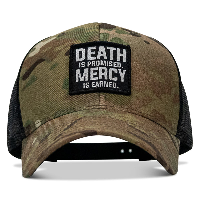 Load image into Gallery viewer, Death Is Promised. Mercy Is Earned Patch Snapback Hat

