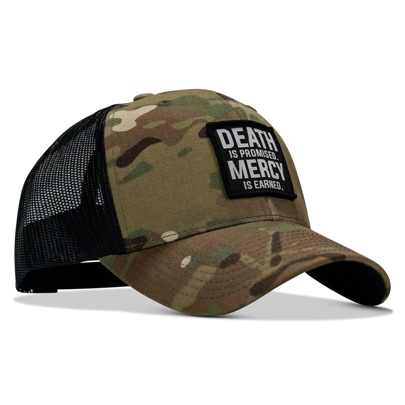 Load image into Gallery viewer, Death Is Promised. Mercy Is Earned Patch Snapback Hat
