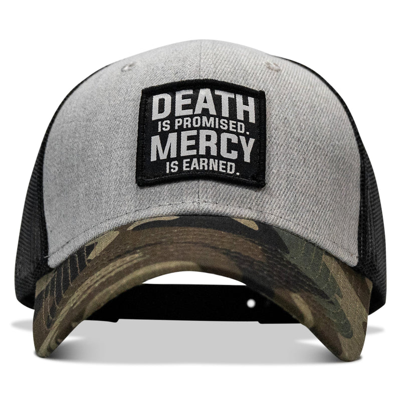 Load image into Gallery viewer, Death Is Promised. Mercy Is Earned Patch Snapback Hat
