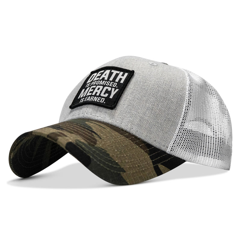 Load image into Gallery viewer, Death Is Promised. Mercy Is Earned Patch Snapback Hat

