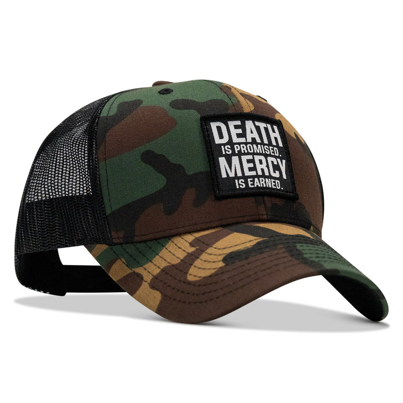 Load image into Gallery viewer, Death Is Promised. Mercy Is Earned Patch Snapback Hat

