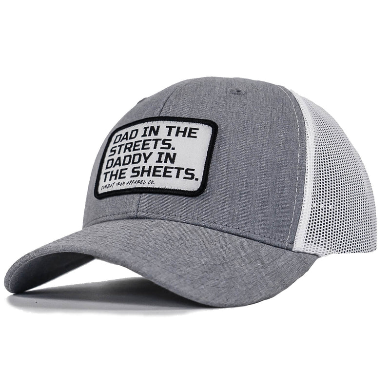 Load image into Gallery viewer, Dad In The Streets. Daddy In The Sheets. White Patch Snapback Hat
