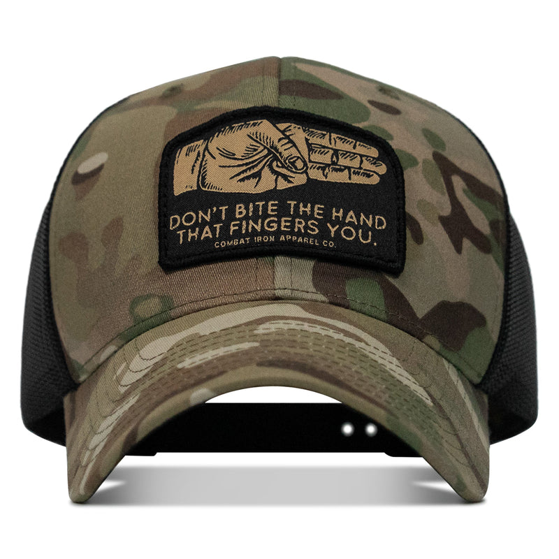 Load image into Gallery viewer, Don't Bite The Hand That Fingers you Patch Snapback Hat
