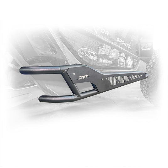 Angled view showing rear mounting bracket of DRT rock rail on X3