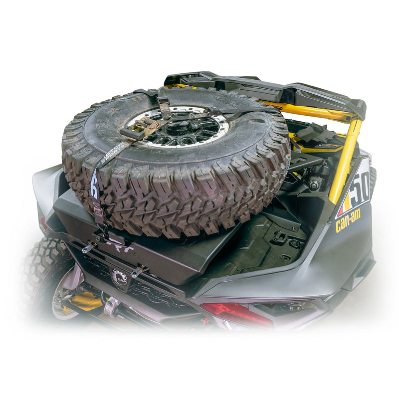 Load image into Gallery viewer, Installed Maverick R tire carrier rack, supports spare and gear for overlanding
