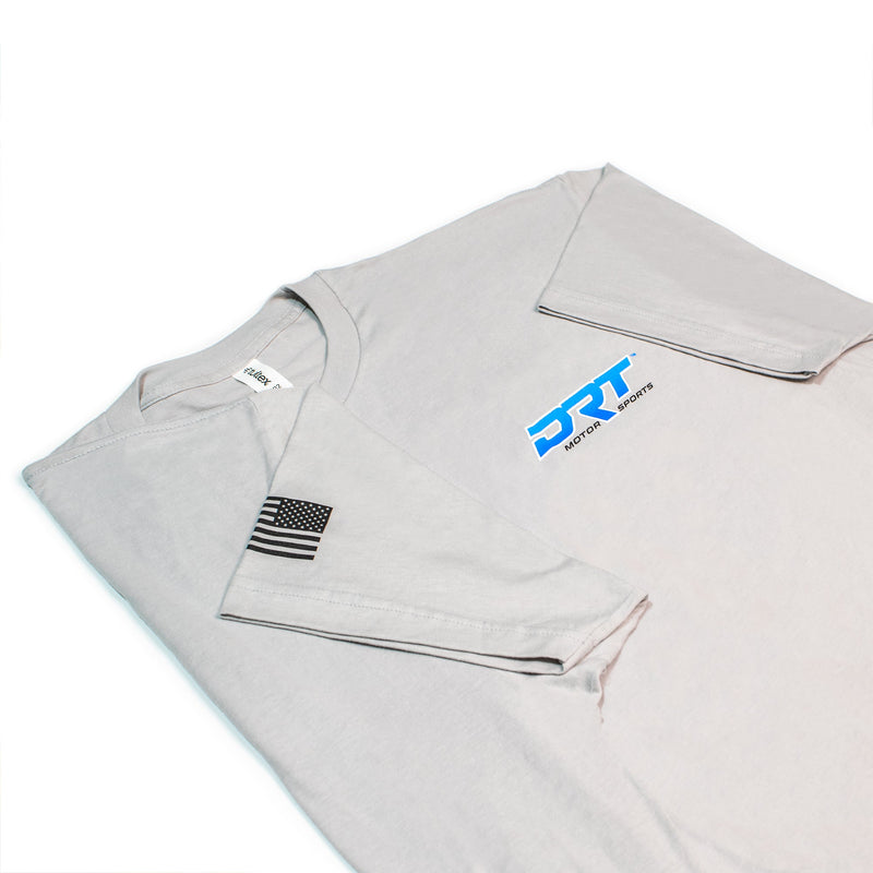 Load image into Gallery viewer, Front view of a motorsports tee laid flat in grey
