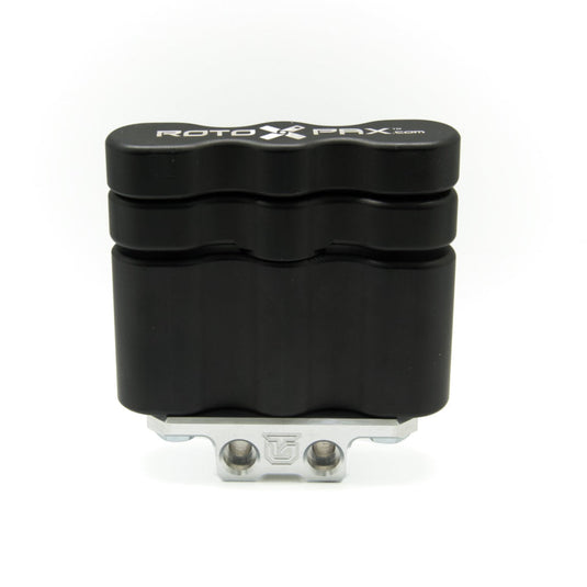 Billet aluminum Rotopax mount adapter for extrusion roof rack cross bars.