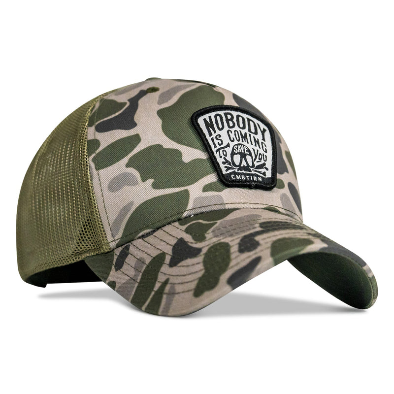 Load image into Gallery viewer, Nobody Is Coming To Save You Skull Patch Snapback Hat
