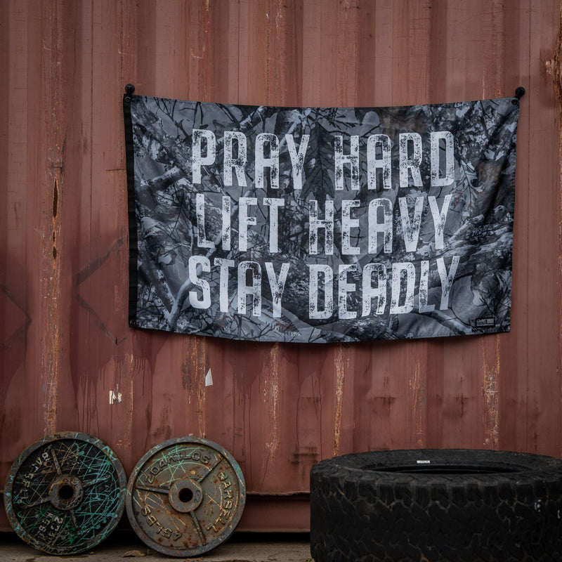 Load image into Gallery viewer, Pray Hard. Lift Heavy. Stay Deadly. 3' x 5' Flag
