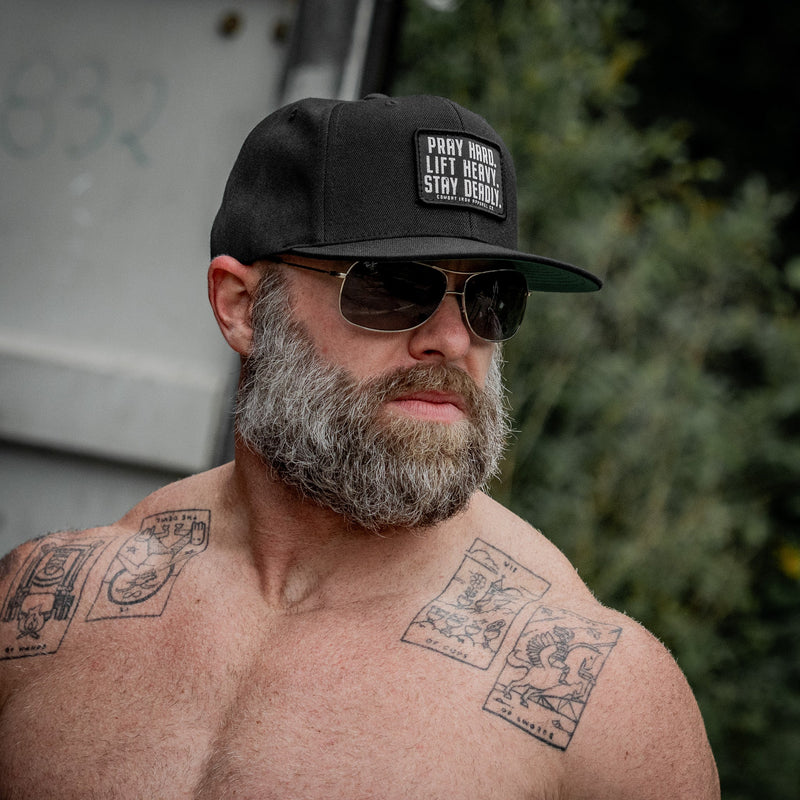 Load image into Gallery viewer, Pray Hard. Lift Heavy. Stay Deadly. Flat Bill SnapBack Hat
