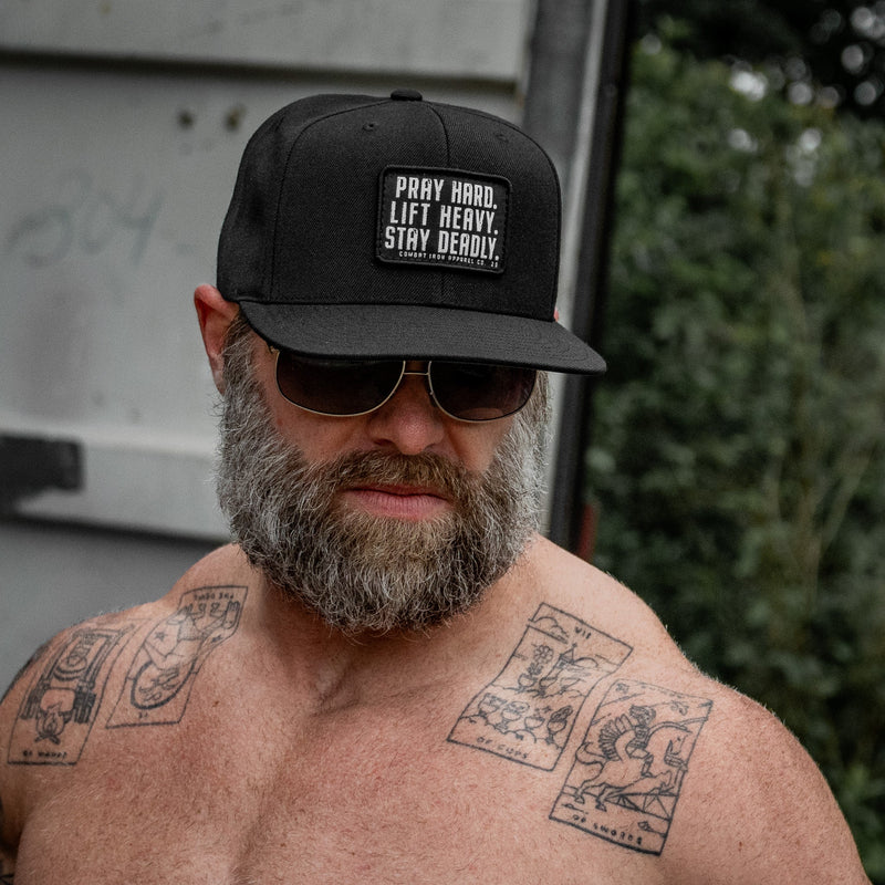 Load image into Gallery viewer, Pray Hard. Lift Heavy. Stay Deadly. Flat Bill SnapBack Hat
