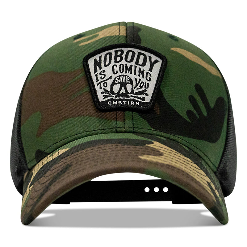 Load image into Gallery viewer, Nobody Is Coming To Save You Skull Patch Snapback Hat
