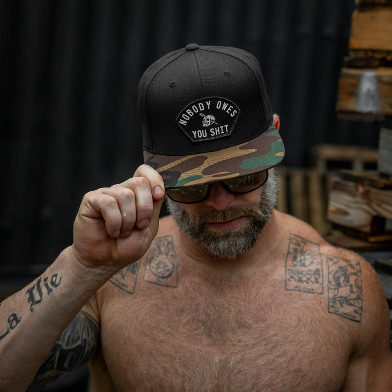 Load image into Gallery viewer, Nobody Owes You Shit Arched Patch Flatbill SnapBack Hat
