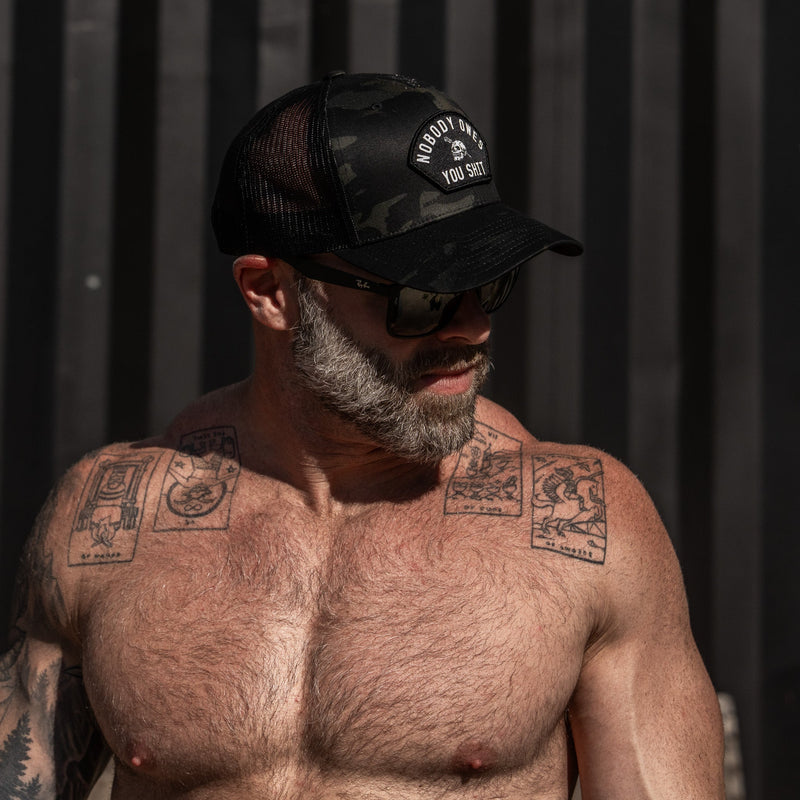 Load image into Gallery viewer, Nobody Owes You Shit Arched Skull Patch Snapback
