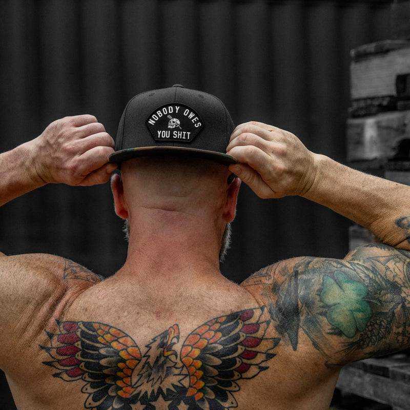 Load image into Gallery viewer, Nobody Owes You Shit Arched Patch Flatbill SnapBack Hat
