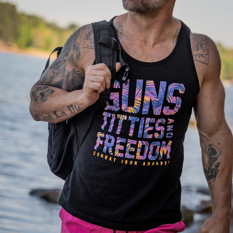 Load image into Gallery viewer, Guns, Titties, Freedom Men's Tank
