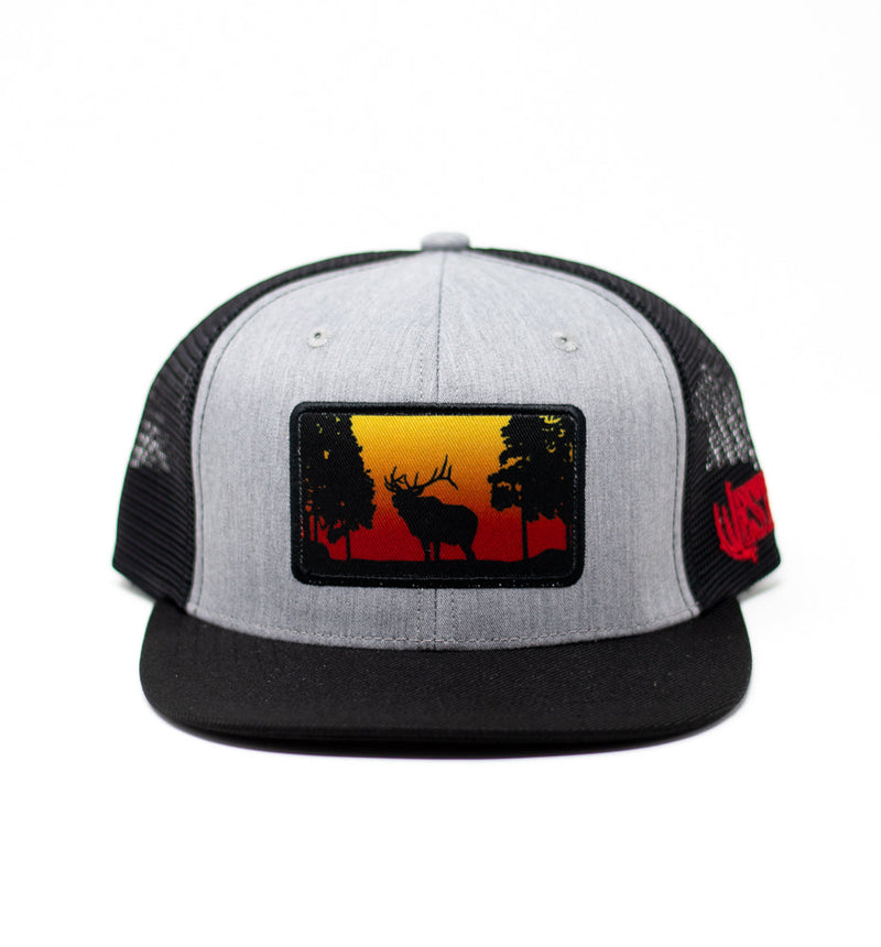 Load image into Gallery viewer, Heather Grey “Sunset Elk” Trucker Hat – Western Hunting Hat | Westrek
