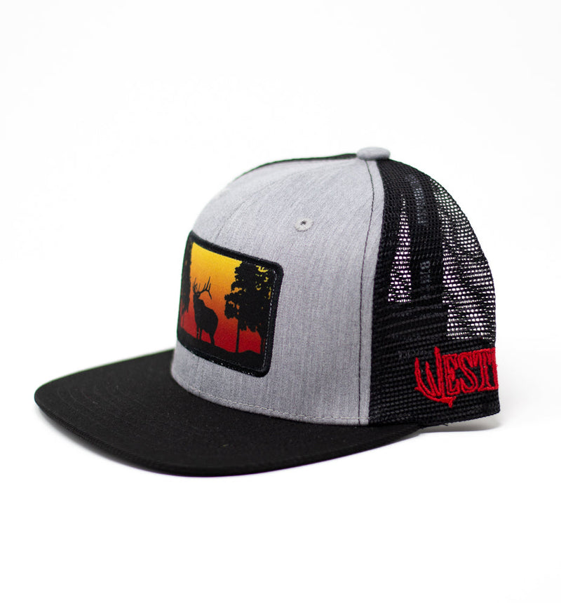 Load image into Gallery viewer, Heather Grey “Sunset Elk” Trucker Hat – Western Hunting Hat | Westrek
