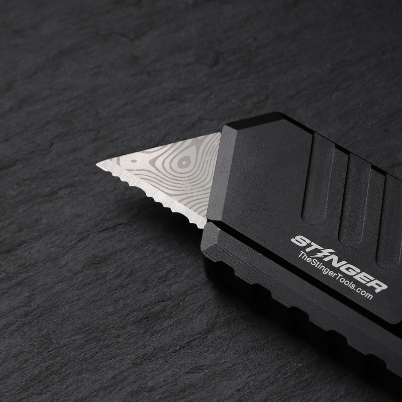 Load image into Gallery viewer, Stinger P01 Partially Serrated Utility Blade Replacement - Laser Engraved Silver Damascus Style (3 pcs)
