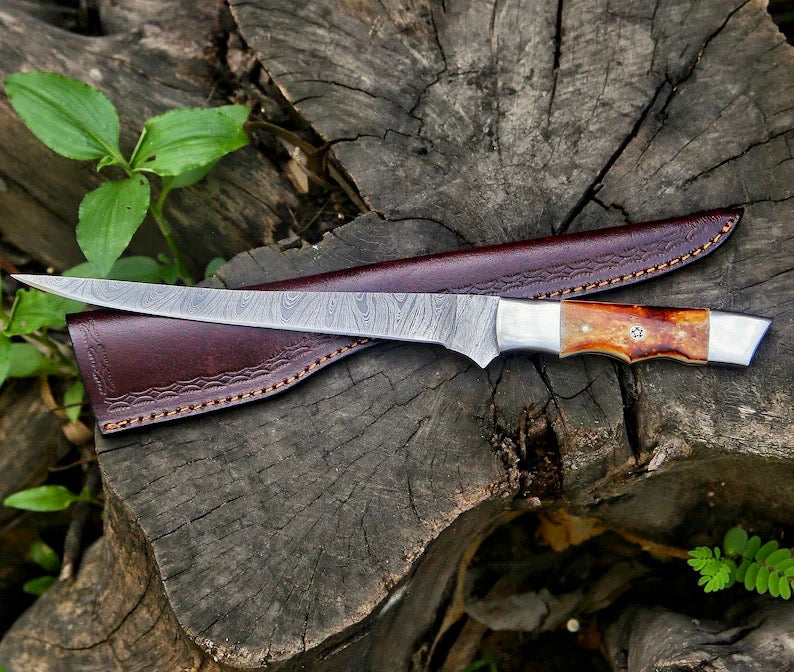 Load image into Gallery viewer, Custom Handmade Damascus Filleting Knife – 13&quot; Camel Bone Handle with Leather Sheath

