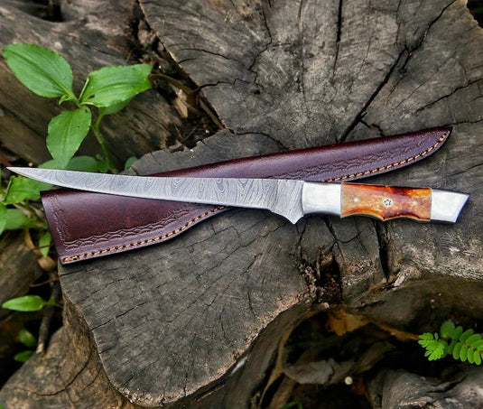 Custom Handmade Damascus Filleting Knife – 13" Camel Bone Handle with Leather Sheath