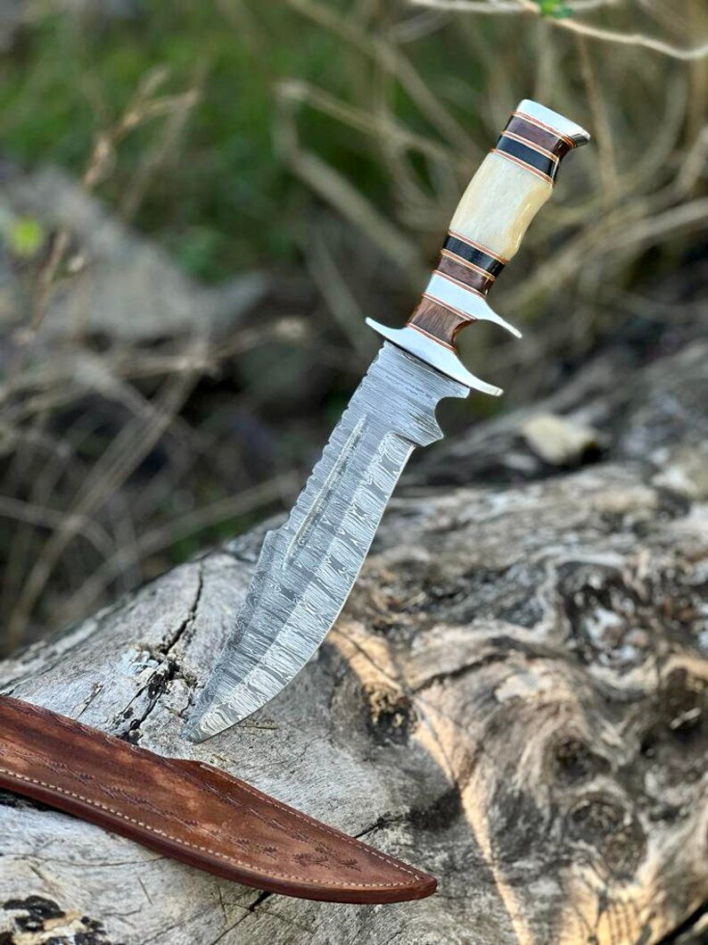 Load image into Gallery viewer, Damascus Steel Sub-Hilt Fighter Bowie Knife 14” – Premium Christmas Gift with Leather Sheath
